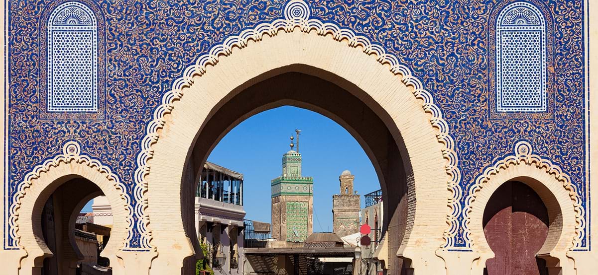 View of Bab Bou Jeloud blue gate, luxury travel destination Fes El Bali, Medina, Morocco, Africa