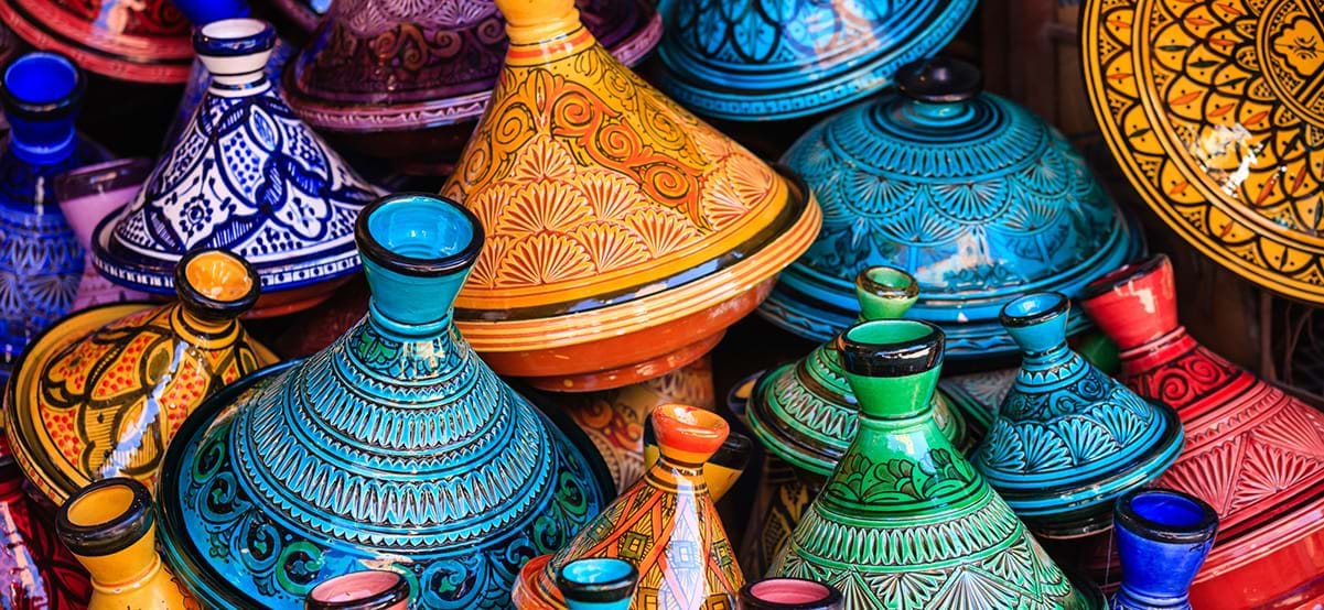 Tajine pots at Souk market, luxury family vacation, Marrakech, Morocco, Africa
