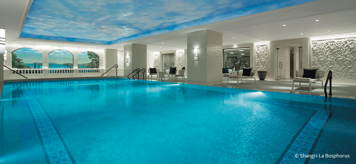 View of the Shangri-La Bosphorus swimming pool during luxury international vacation to Istanbul Turkey