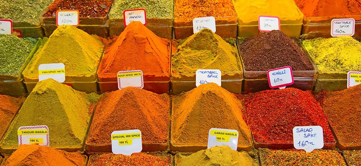 View of spices in the Grand Bazaar during luxury international vacation to Istanbul Turkey