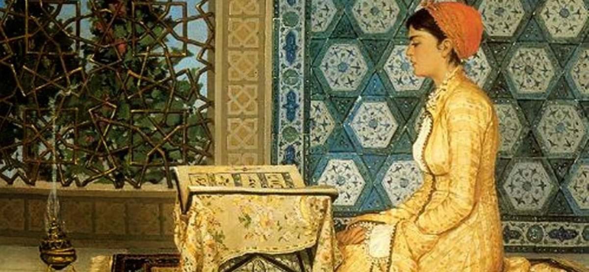 View of paint by Osman Hamdi Bey of beautiful oriental woman reading