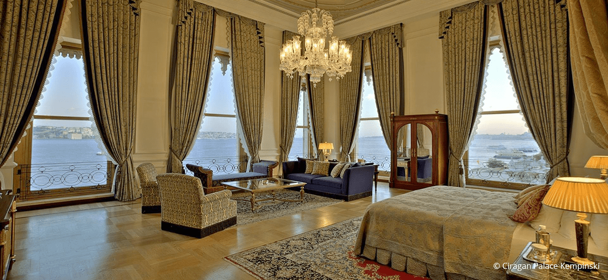 View of Ciragan Palace Kempinski during luxury international vacation to Istanbul Turkey