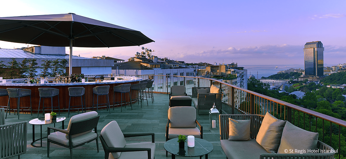 View of rooftop bar inside St. Regis Hotel Istanbul during luxury international vacation in Turkey