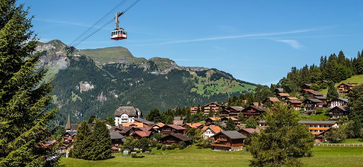 Aerial view of cableway over mountain village Wengen in the Bernese Alps, Switzerland